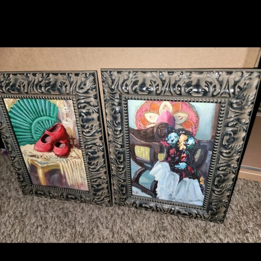 Vintage Oil Paintings Elegant Black Framed Art Set 2 7.5x10in